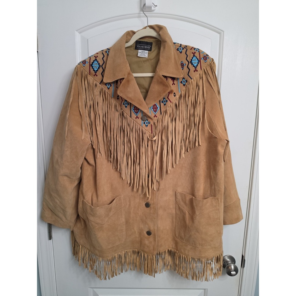 Via Accenti Tan Leather jacket Southwest Fringe Embroidered Women's Xlarge